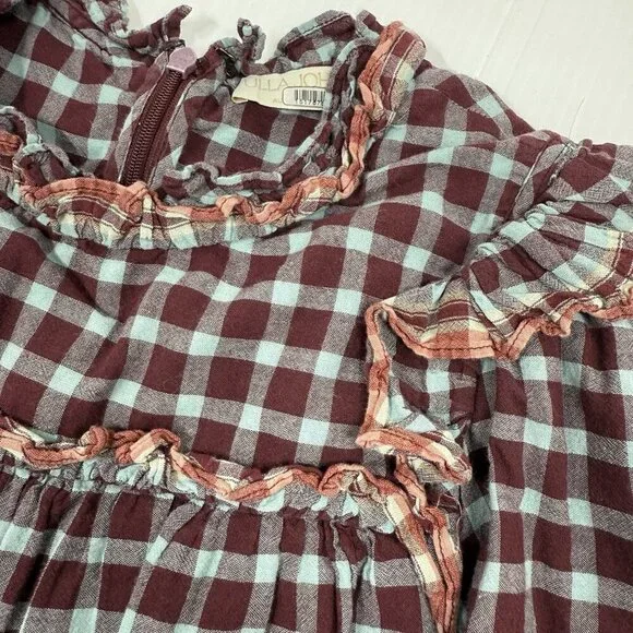 Ulla Johnson Elm Plaid Ruffle Mini Dress Size 8 Burgundy Check Long Sleeve - Picture 9 of 13